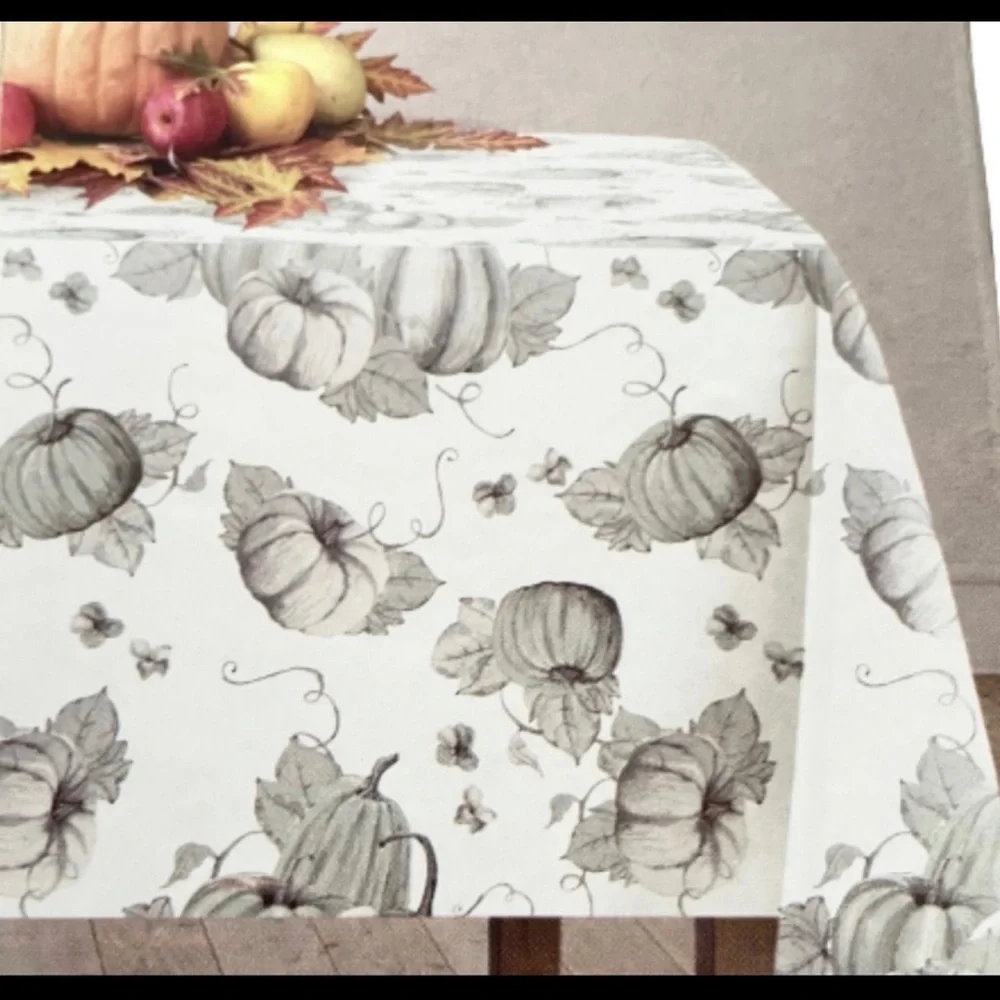 Nordstrom Tablecloth 100%‎ Cotton Fall Harvest Pumpkins White Gray NEW NWT N198